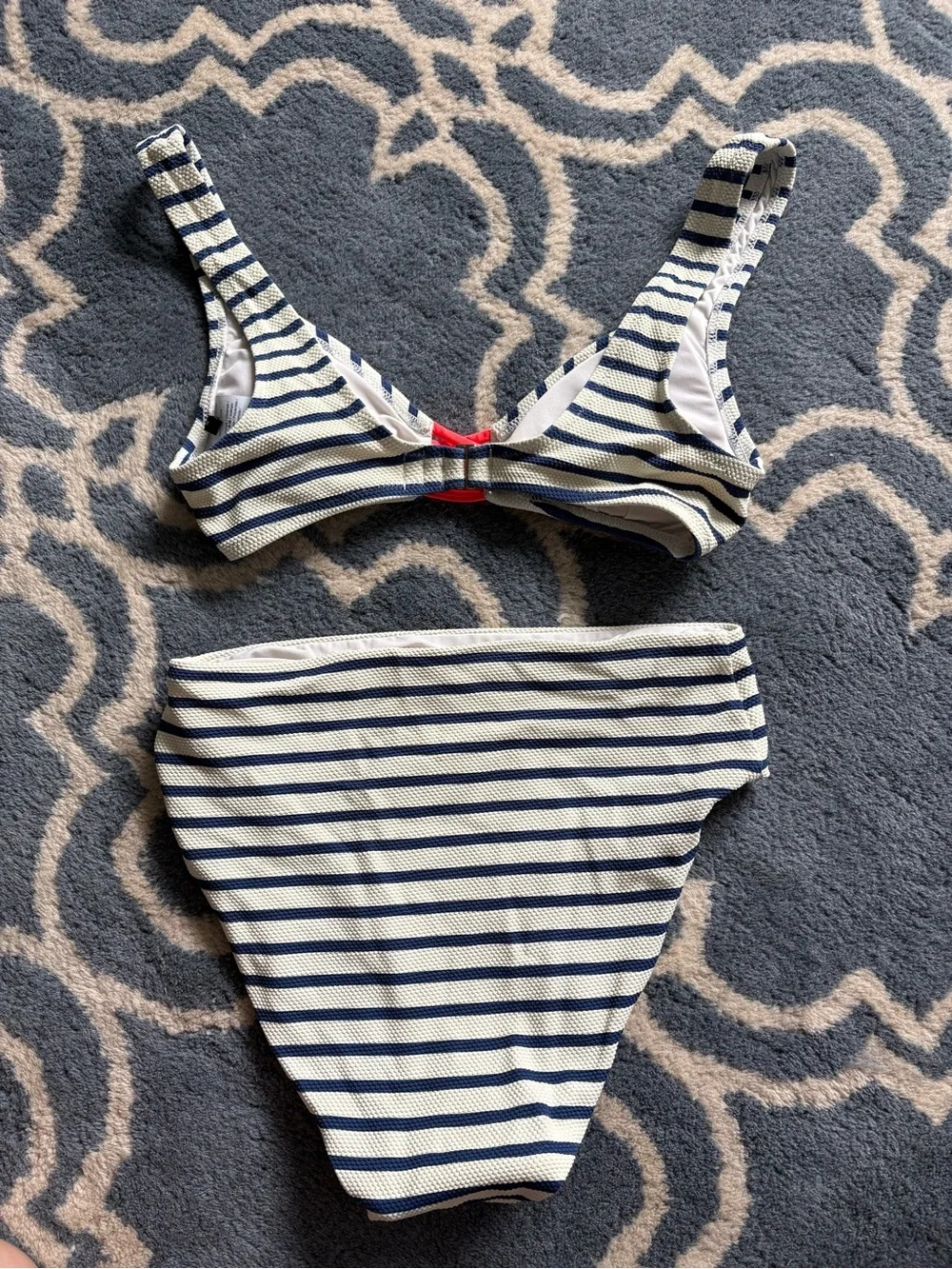J. Crew Navy and White Striped Bikini with Coral Accent